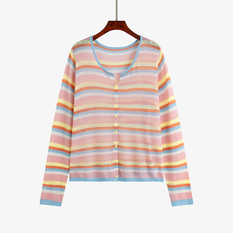 Plus Size Round Neck Color Striped Shirt Women's Thin Top