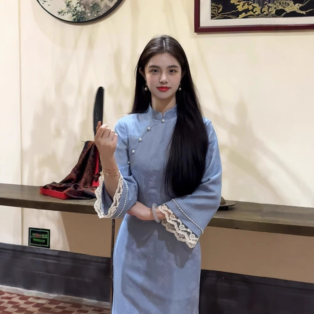 Fake Two-piece Blue Improved Cheongsam For Women Autumn And Winter