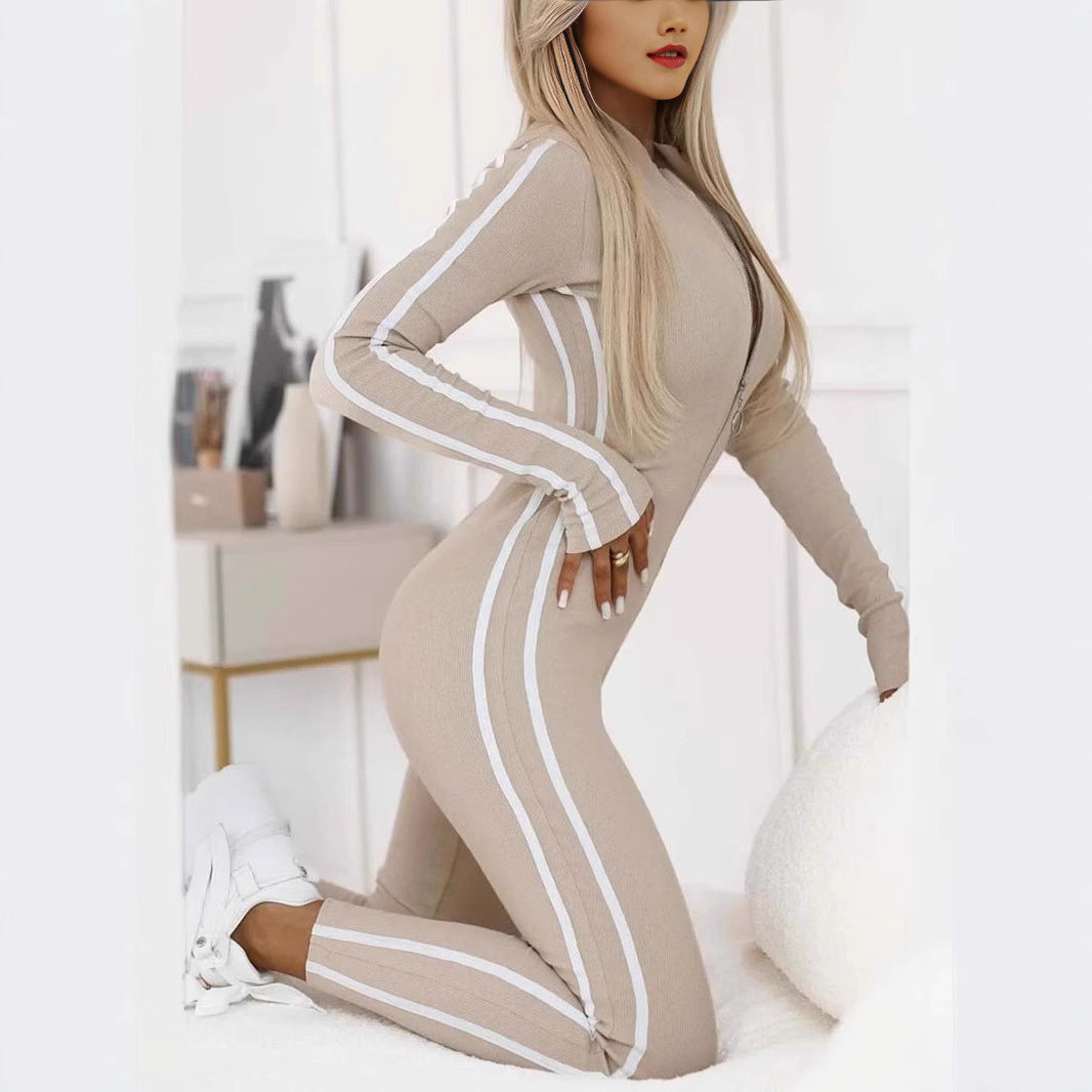 New Autumn And Winter Women's Slim Striped Half Zipper Jumpsuit