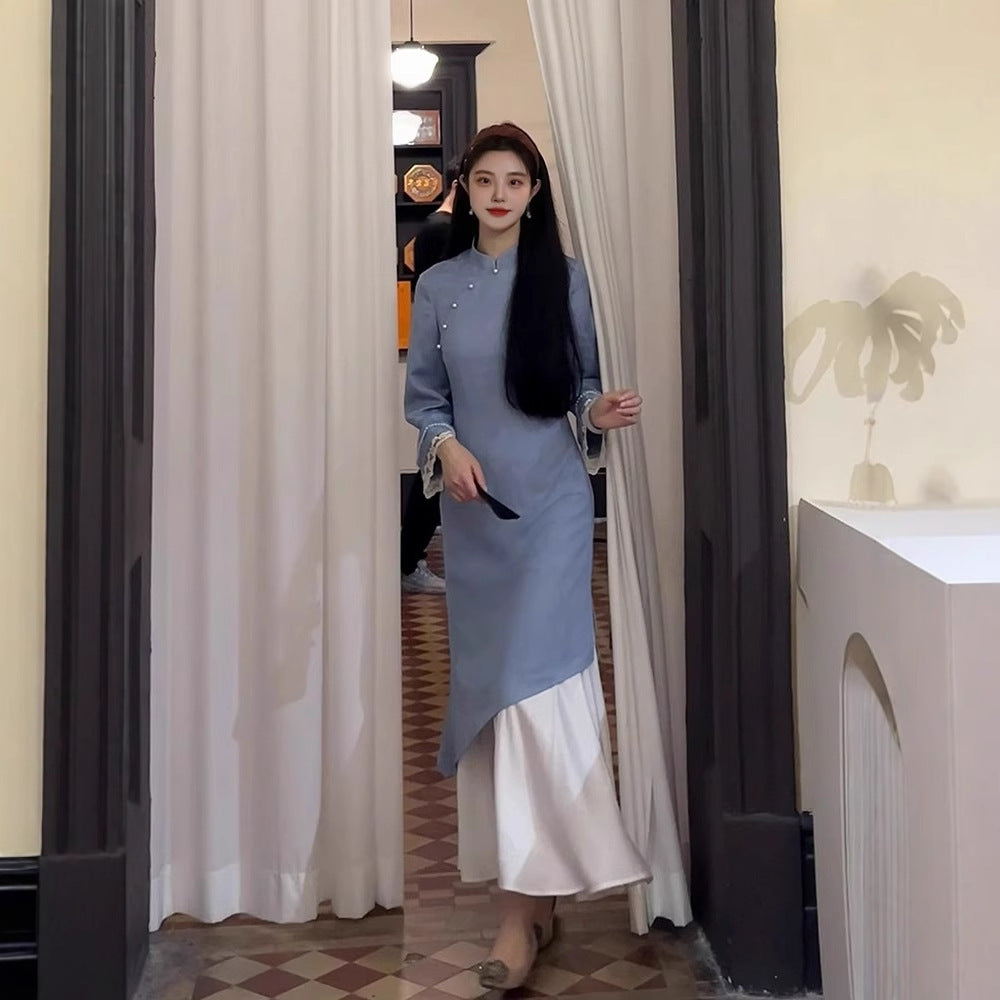 Fake Two-piece Blue Improved Cheongsam For Women Autumn And Winter