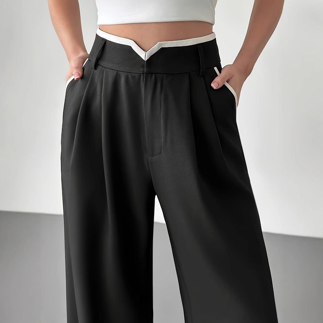 Women's Fashionable Casual Contrasting High Waisted Loose Wide Leg Pants