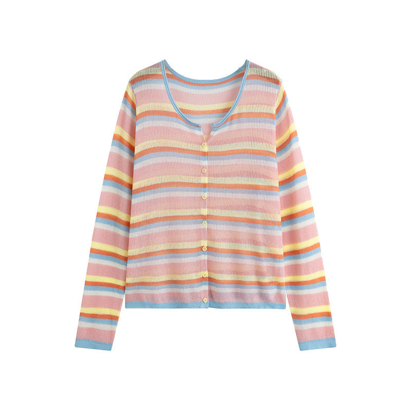Plus Size Round Neck Color Striped Shirt Women's Thin Top