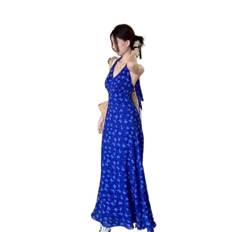 French Blue Floral Strap Dress Summer