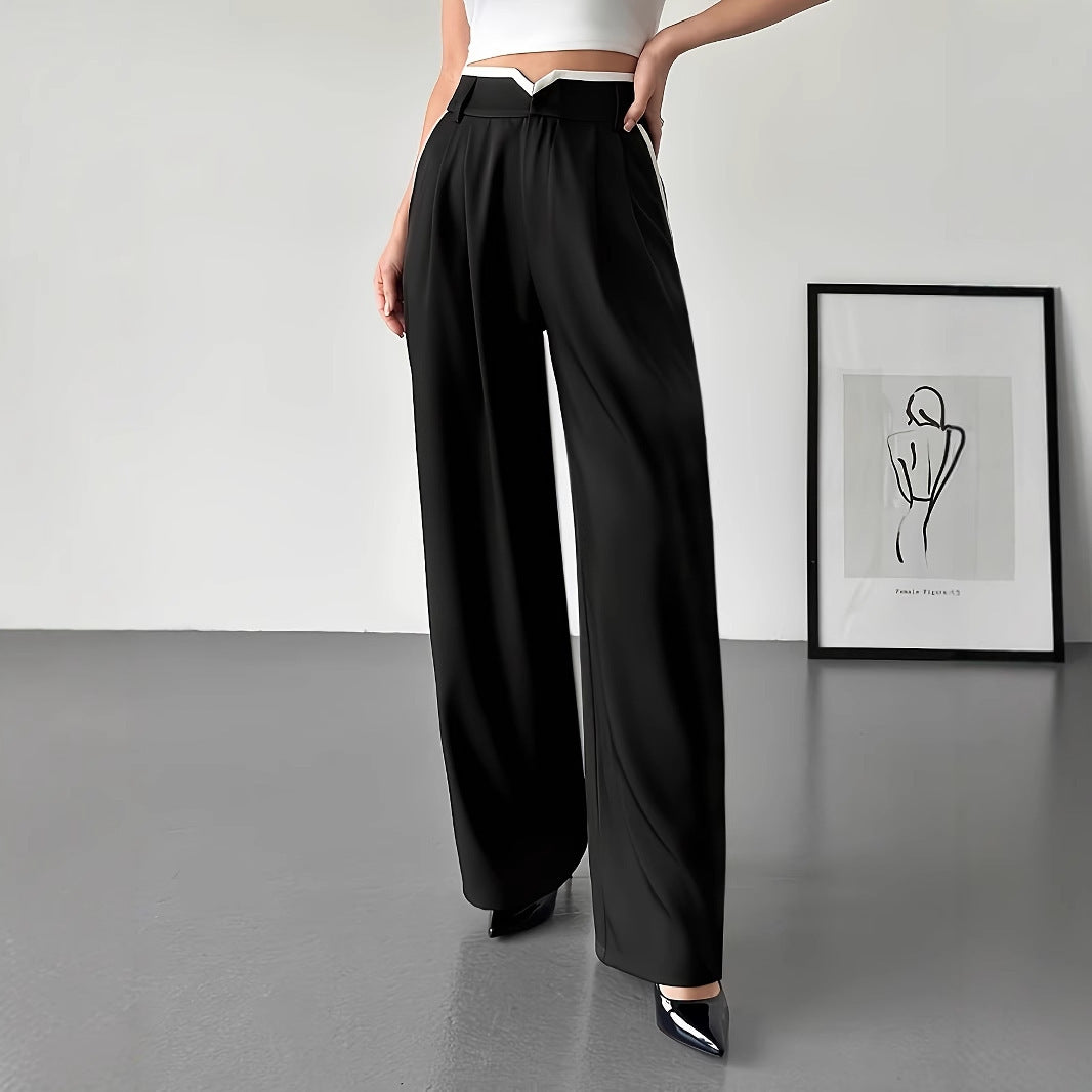 Women's Fashionable Casual Contrasting High Waisted Loose Wide Leg Pants