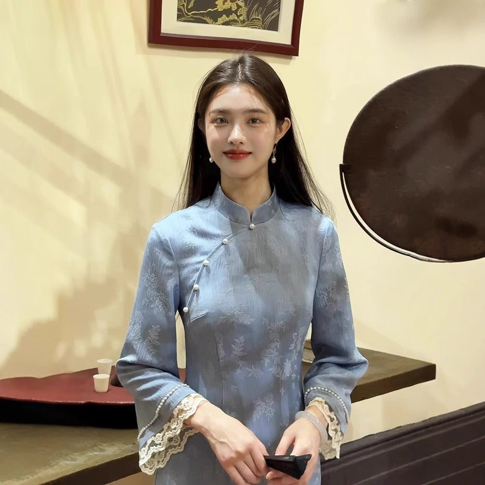 Fake Two-piece Blue Improved Cheongsam For Women Autumn And Winter