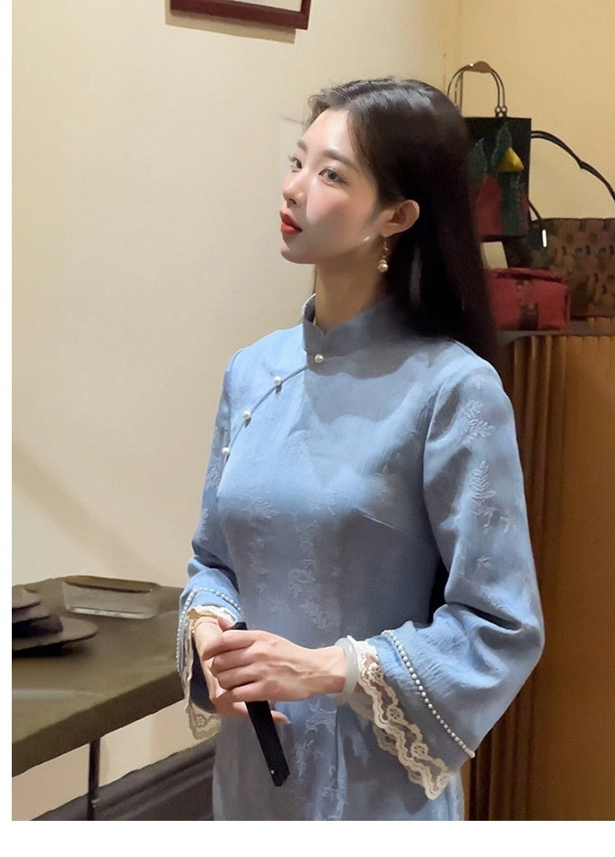 Fake Two-piece Blue Improved Cheongsam For Women Autumn And Winter