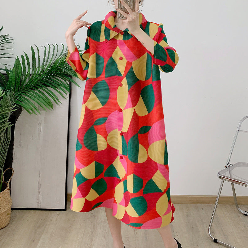 Pleated Mid-length Design Niche Temperament Turn-down Collar Coat Women