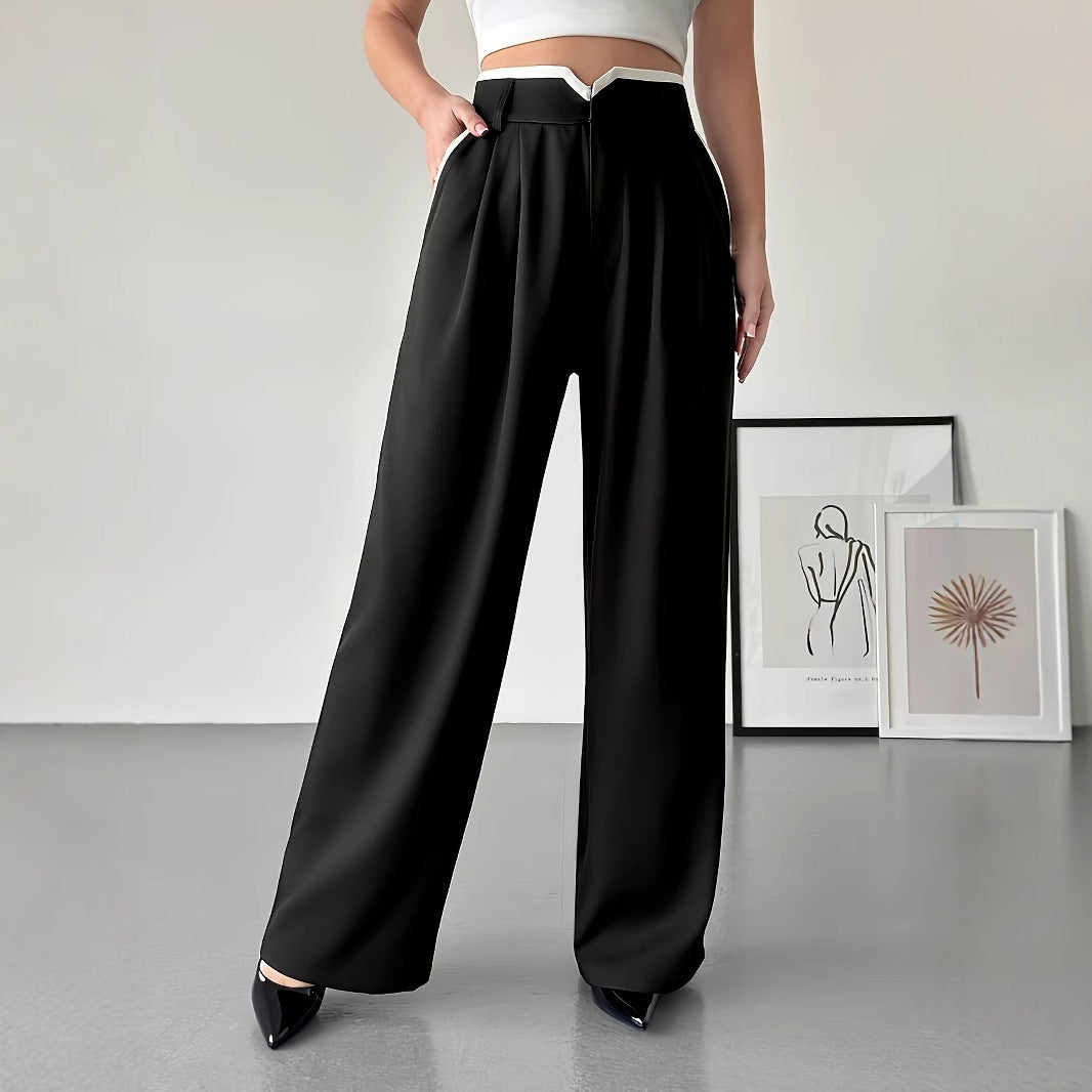 Women's Fashionable Casual Contrasting High Waisted Loose Wide Leg Pants