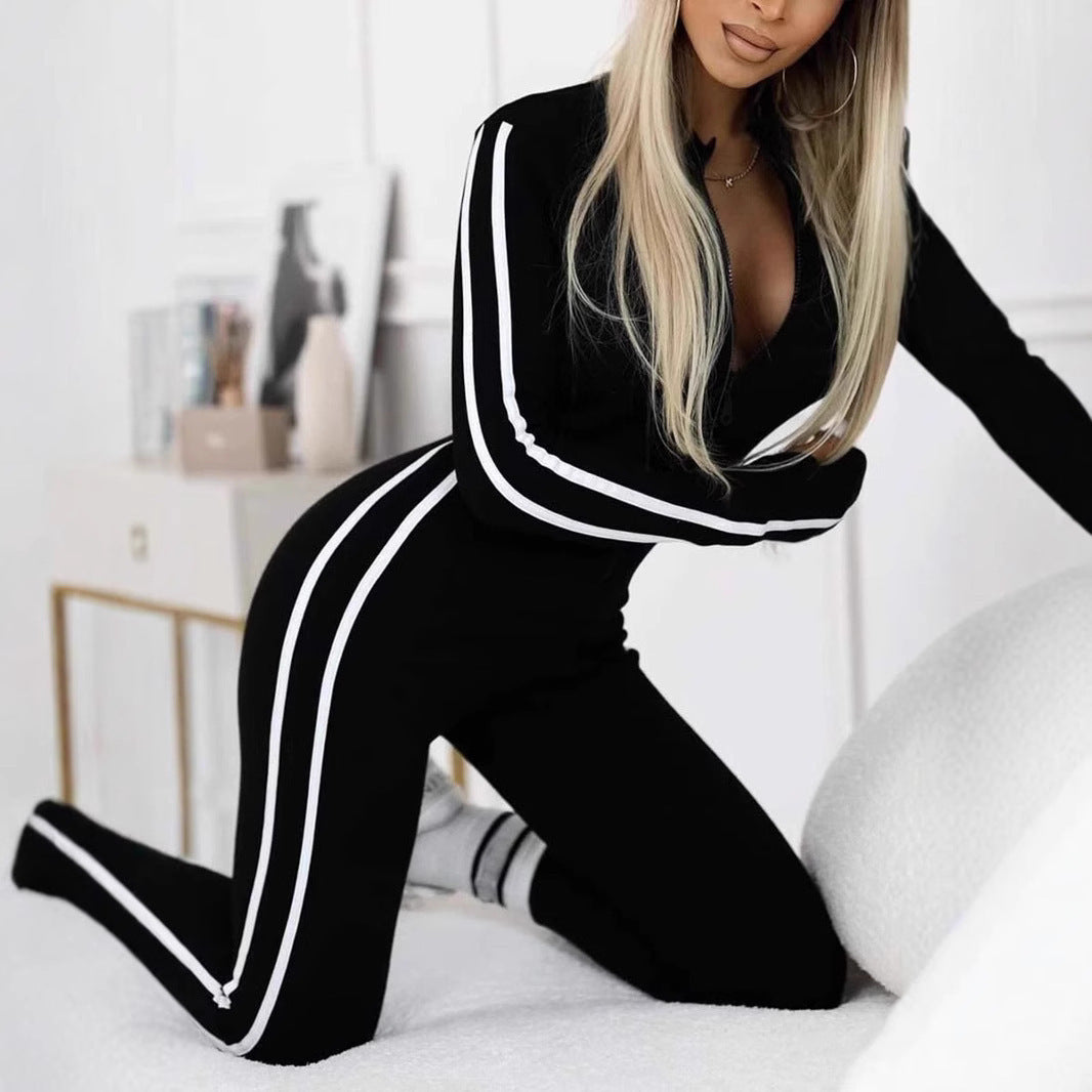 New Autumn And Winter Women's Slim Striped Half Zipper Jumpsuit