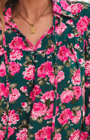 Green Floral Printed Tied Collar Puff Sleeve Blouse