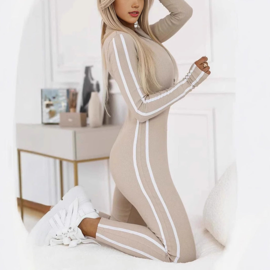 New Autumn And Winter Women's Slim Striped Half Zipper Jumpsuit