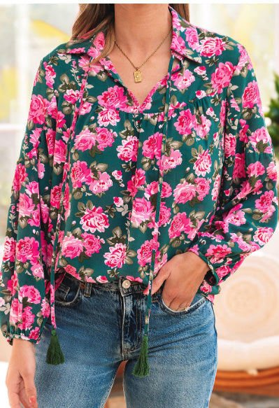 Green Floral Printed Tied Collar Puff Sleeve Blouse