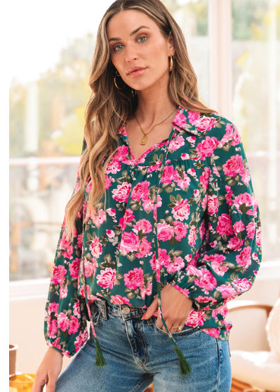 Green Floral Printed Tied Collar Puff Sleeve Blouse