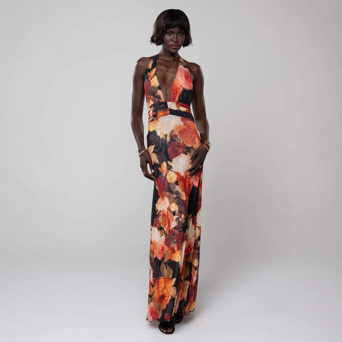 Women's Backless Slim Fit Printed Halter Dress