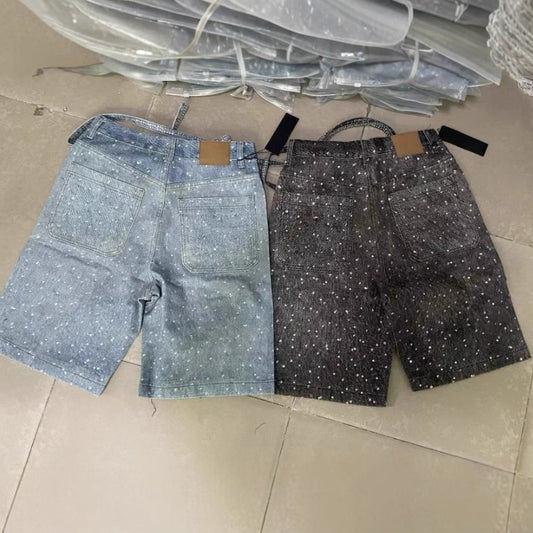 Ins Style Washed Rhinestone Belt Belt Denim Shorts
