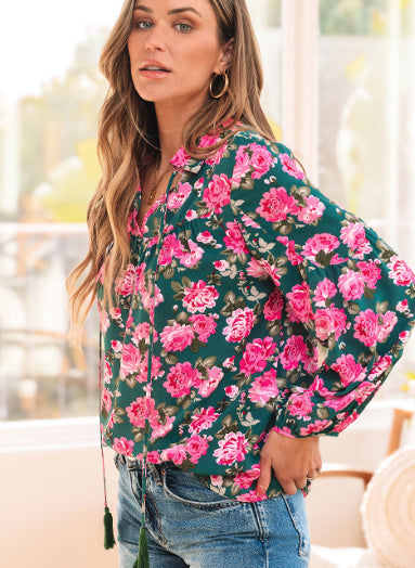 Green Floral Printed Tied Collar Puff Sleeve Blouse