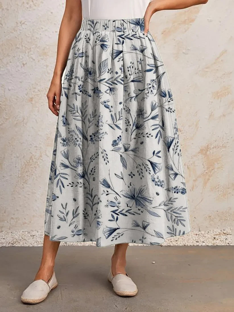 Printed Elastic Waist Slimming Large Hem Skirt