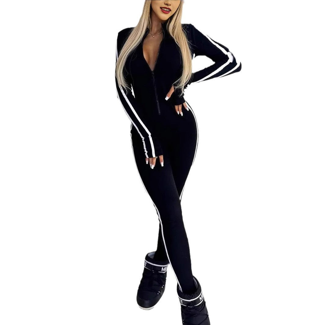 New Autumn And Winter Women's Slim Striped Half Zipper Jumpsuit